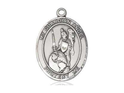 Sterling Silver Guardian Angel of the World Pendant on a 24 inch Light Rhodium Heavy Curb Chain. - Unique Catholic Gifts