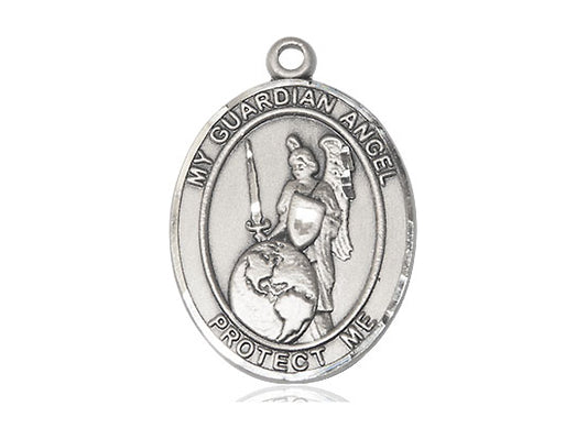 Sterling Silver Guardian Angel of the World Pendant on a 24 inch Light Rhodium Heavy Curb Chain. - Unique Catholic Gifts