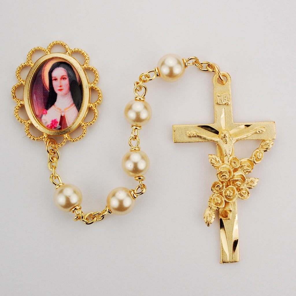 (785hf) Gp 7mm Pearl St Therese Rosary - Unique Catholic Gifts