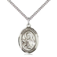 Sterling Silver St. Theresa Oval Pendant (3/4") on a 18 inch Light Rhodium Light Curb Chain - Unique Catholic Gifts