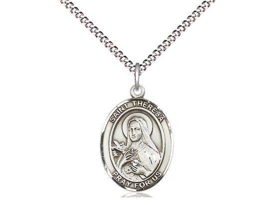 Sterling Silver St. Theresa Oval Pendant (3/4") on a 18 inch Light Rhodium Light Curb Chain - Unique Catholic Gifts