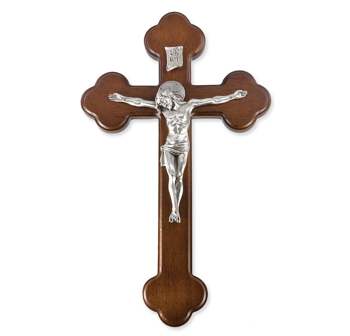 LATIN WALNUT CROSS WITH GENUINE PEWTER CORPUS WITH HALO - 10" - Unique Catholic Gifts