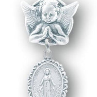 Sterling Silver Oval Fancy Edge Miraculous Baby Medal on an Angel Pin - Unique Catholic Gifts