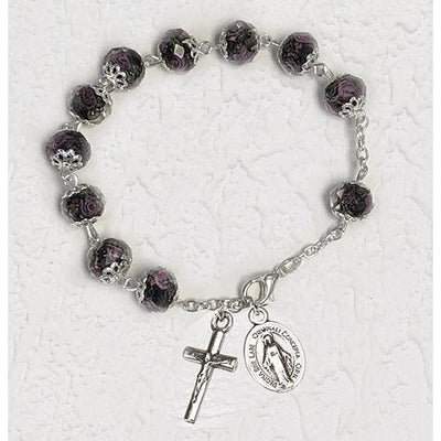 Black Crystal Rosary Bracelet with Pink Rose Painted Beads - Unique Catholic Gifts