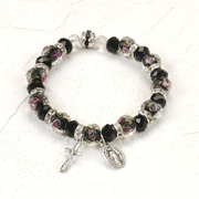 Black Crystal Stretch Bracelet with Pink Rose Painted Beads - Unique Catholic Gifts