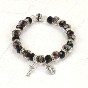 Black Crystal Stretch Bracelet with Pink Rose Painted Beads - Unique Catholic Gifts