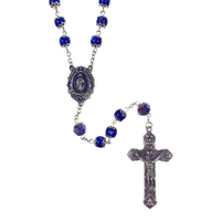 Blue Glass Bead Rosary with Blue Rose Our Father Beads and Enameled Lady of Grace Center - Unique Catholic Gifts