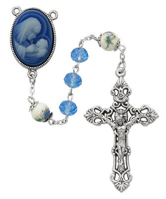 Blue Sun Cut Crystal Cameo Rosary 7MM - Unique Catholic Gifts