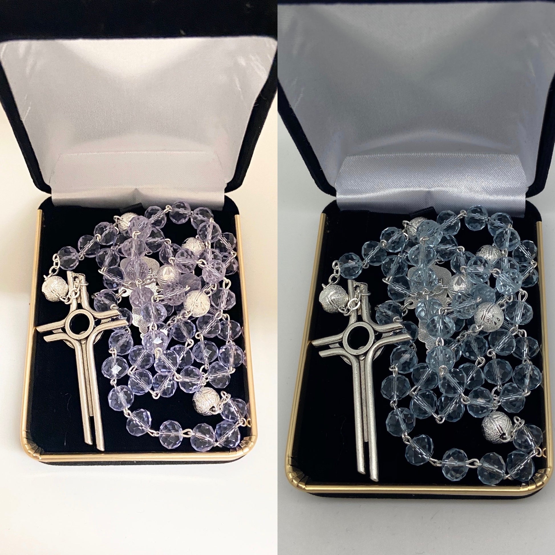Blue to Lavender Crystal Rosary with Silver Our Father Beads from Fatima (8MM) - Unique Catholic Gifts