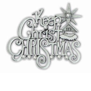 Keep Christ in Christmas Crystal Pewter Pave Pin - Unique Catholic Gifts