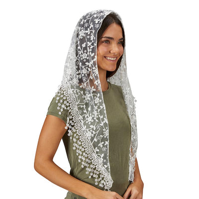 Chapel Veil With Tassels - White - Unique Catholic Gifts