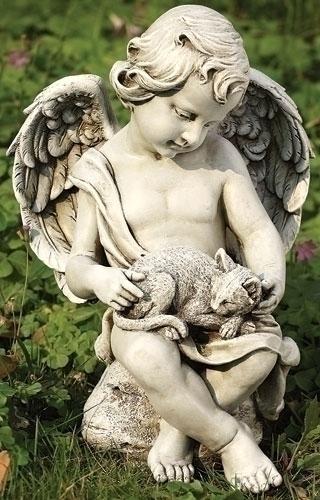 Cherub Angel with a Kitten Indoor/Outdoor Garden Statue (12") - Unique Catholic Gifts