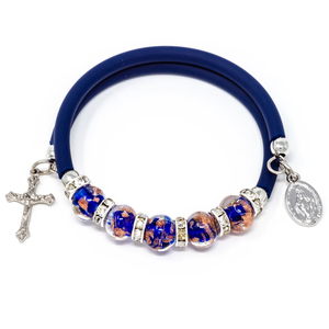Cobalt Blue Memory Wire Rubber Bracelet with Sommerso Murano Beads, Miraculous Medal and Crucifix - Unique Catholic Gifts