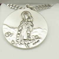 Silver Sacred Heart of Jesus and Virgen Mary in the other side with chain. - Unique Catholic Gifts