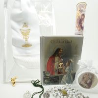 Girls First Communion Gift Set:Arm Band, Candle and 6 other items - Unique Catholic Gifts