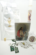 Girls First Communion Gift Set:Arm Band, Candle and 6 other items - Unique Catholic Gifts