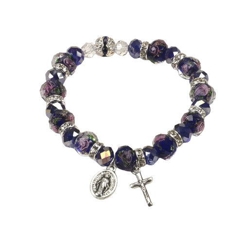 Dark Blue Crystal Stretch Bracelet with Pink Rose Painted Beads - Unique Catholic Gifts