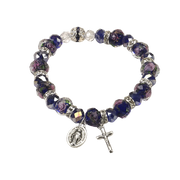 Dark Blue Crystal Stretch Bracelet with Pink Rose Painted Beads - Unique Catholic Gifts