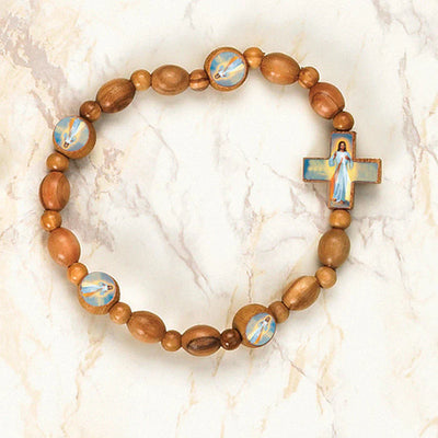 Divine Mercy Italian Olive Wood Stretch Bracelet - Unique Catholic Gifts
