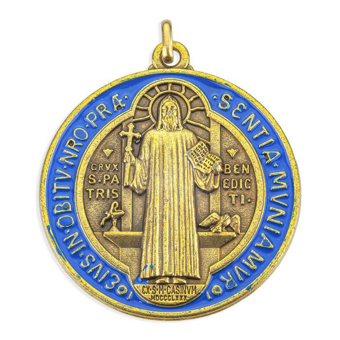 Extra Large Gold Blue and Red St. Benedict Medal 2" - Unique Catholic Gifts