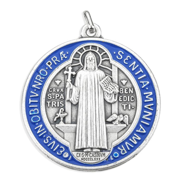 Extra Large Silver Blue and Red St. Benedict Medal 2" - Unique Catholic Gifts