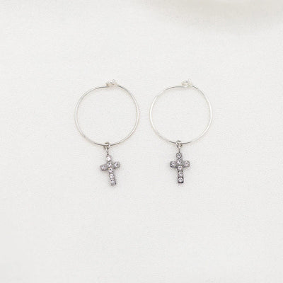 Faith Petite Cross Cubic Zirconia Hoop Earrings (Silver) - Unique Catholic Gifts