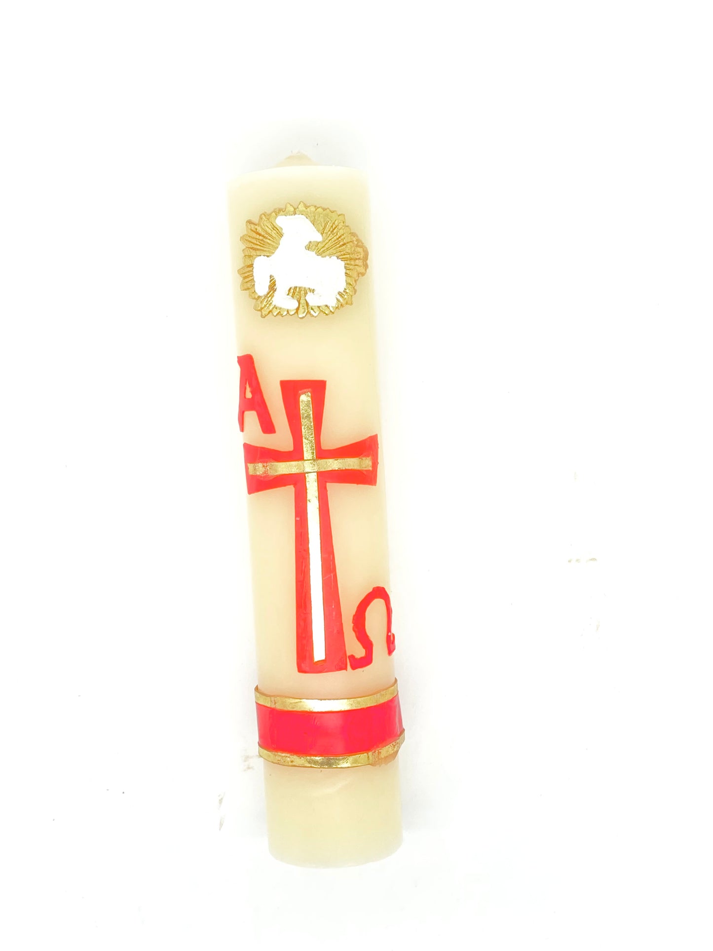 Alpha Omega with Lamb Pascual CarvedCandle Cirio Candle Beeswax (8" x 1 1/2") - Unique Catholic Gifts