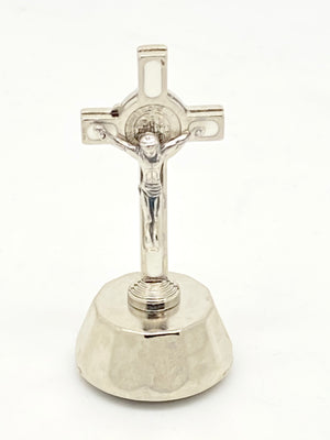 St. Benedict Auto Crucifix White and Silver 2 " - Unique Catholic Gifts