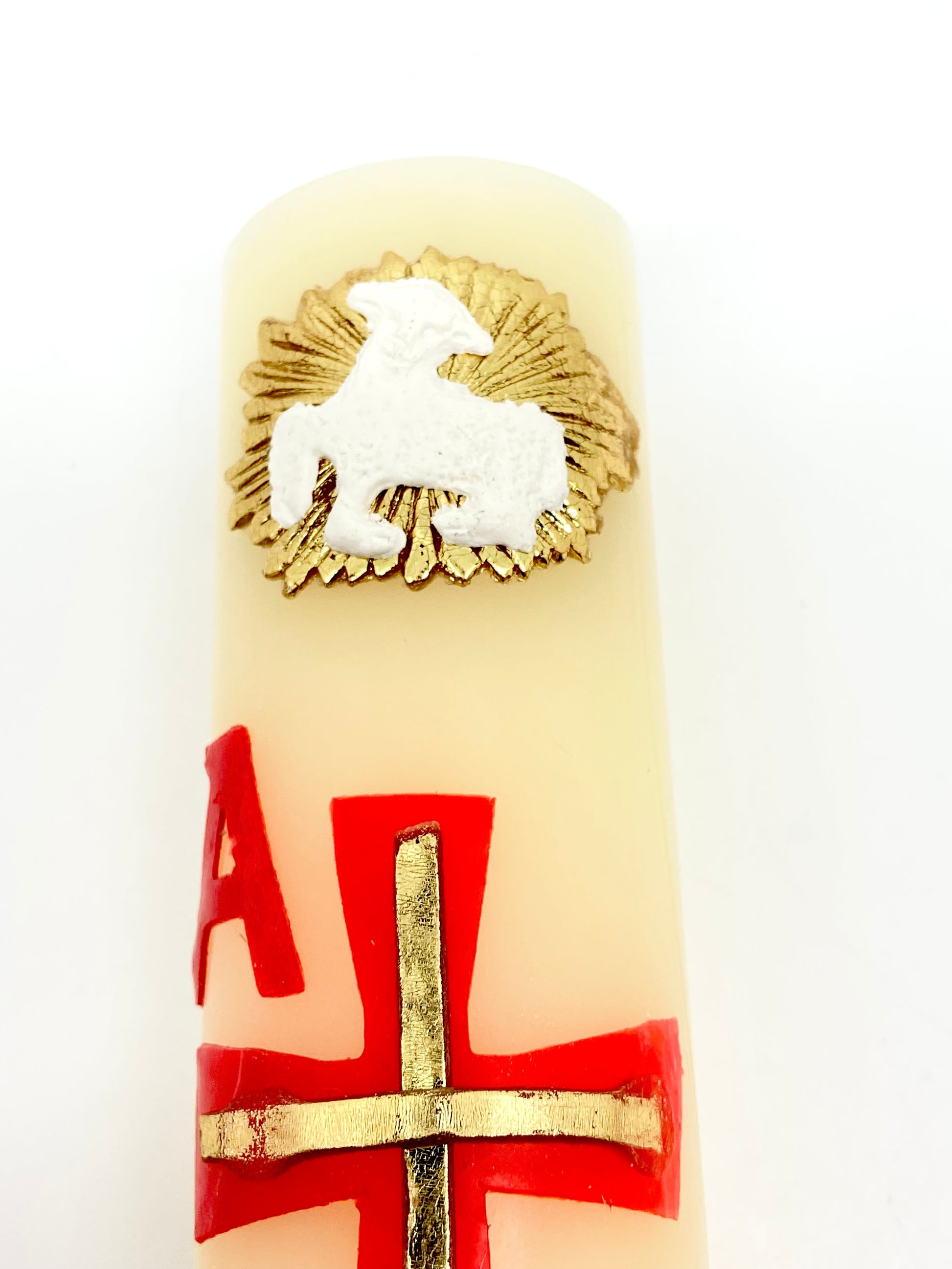 Alpha Omega with Lamb Pascual CarvedCandle Cirio Candle Beeswax (8" x 1 1/2") - Unique Catholic Gifts
