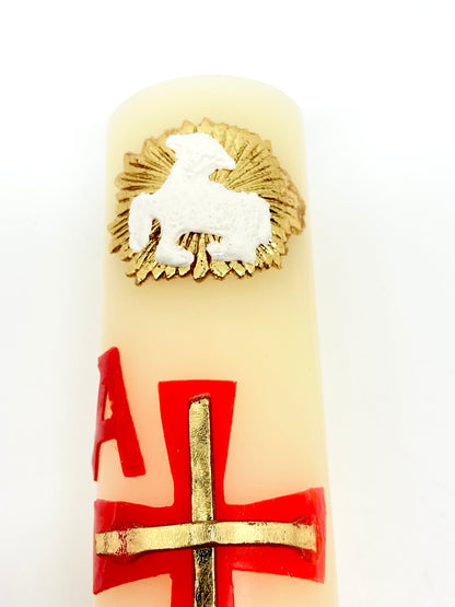 Alpha Omega with Lamb Pascual CarvedCandle Cirio Candle Beeswax (8" x 1 1/2") - Unique Catholic Gifts
