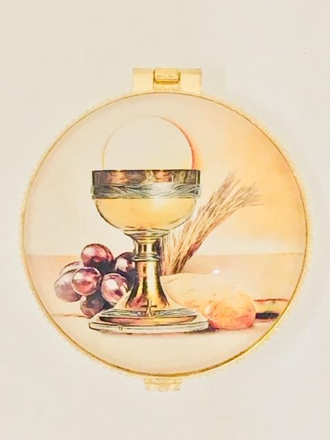 Round Porcelain Rosary First Communion Box with Glass Enclosed Top - Unique Catholic Gifts