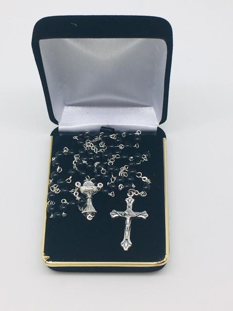 First Communion Black Glass Bead Rosary with Chalice Center Piece (5MM) - Unique Catholic Gifts