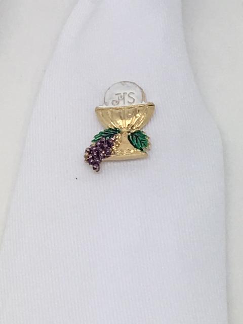 First Communion Tie with Colorful Holy Communion Pin (White) - Unique Catholic Gifts