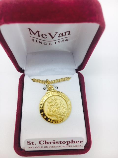 Gold over Sterling Silver St Christopher Medal.  (3/4") on 20" Gold plated Chain. - Unique Catholic Gifts