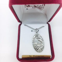 Sterling Silver St. Peregrine 1' x 9/16" on 18 chain. Patron Saint of Cancer" - Unique Catholic Gifts