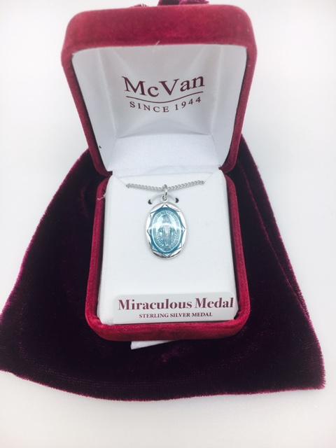 Sterling Silver with Blue Enamel Miraculous Medal (3/4") on 18" chain. (L602) - Unique Catholic Gifts