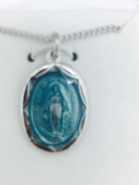 Sterling Silver with Blue Enamel Miraculous Medal (3/4") on 18" chain. (L602) - Unique Catholic Gifts