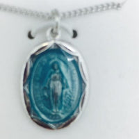 Sterling Silver with Blue Enamel Miraculous Medal (3/4") on 18" chain. (L602) - Unique Catholic Gifts