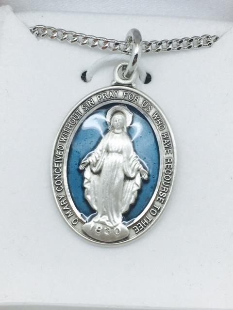Sterling Silver Miraculous Medal with Blue Enamel on 18" chain. - Unique Catholic Gifts