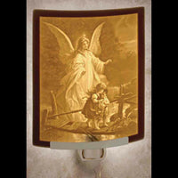 Traditional Guardian Angel over the Bridge Greyscale Night Light Curved 5.5 x 2.25" - Unique Catholic Gifts
