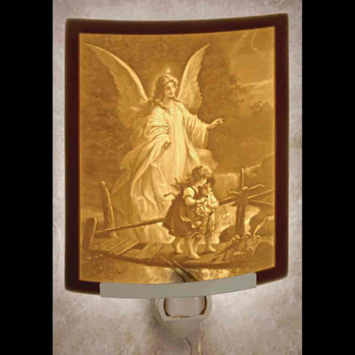 Traditional Guardian Angel over the Bridge Greyscale Night Light Curved 5.5 x 2.25