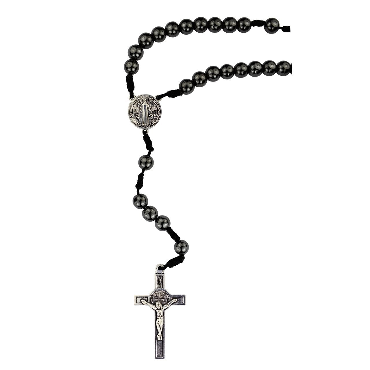 Hematite St. Benedict Corded Rosary (8 mm) - Unique Catholic Gifts