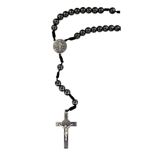 Hematite St. Benedict Corded Rosary (8 mm) - Unique Catholic Gifts