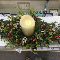Christmas Mistletoe Table Centerpiece with LED Ivory Candle (24" Spray) - Unique Catholic Gifts