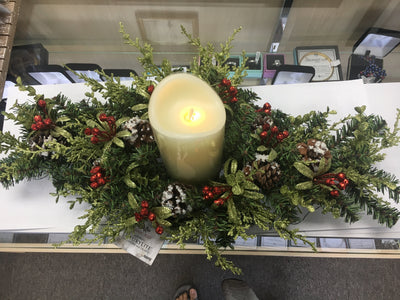 Christmas Mistletoe Table Centerpiece with LED Ivory Candle (24