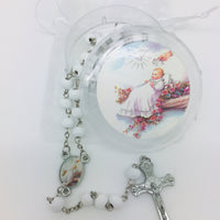 Baptism Girl Wood Rosary w/ Matching Box & Organza Bag - Unique Catholic Gifts