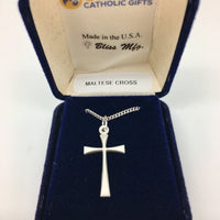 Sterling Silver Maltese Cross Matte Finish (7/8") on a 18 inch Rhodium Light Curb Chain - Unique Catholic Gifts