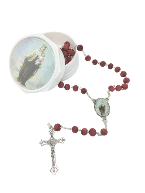 Our Lady of Mount Carmel Wood Rose Scented Rosary in Matching Box - Unique Catholic Gifts