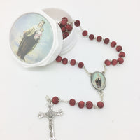Our Lady of Mount Carmel Wood Rose Scented Rosary in Matching Box - Unique Catholic Gifts