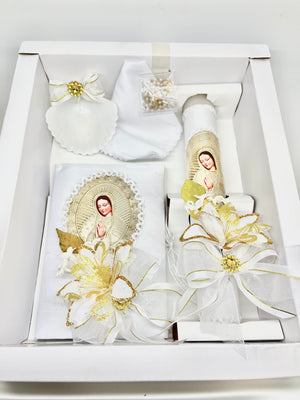 Gold Our Lady of Guadalupe Baptism, Christening Candle Set. - Unique Catholic Gifts